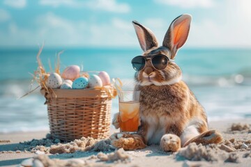 Easter bunny with sunglasses sitting on the beach, easter basket with eggs next to him and drinking cocktail - obrazy, fototapety, plakaty