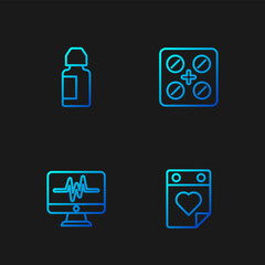 Set line Doctor appointment, Monitor with cardiogram, Eye drop bottle and Pills blister pack. Gradient color icons. Vector