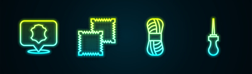 Set line Leather, Textile fabric roll, Yarn and Awl tool. Glowing neon icon. Vector