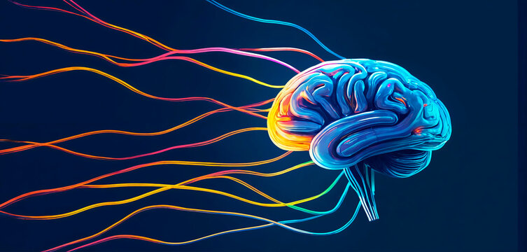 A vibrant representation of the human brain with colorful neural connections extending outward, symbolizing complex thought and brain activity.