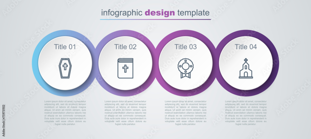 Sticker Set line Coffin with cross, Holy bible book, Memorial wreath and Church building. Business infographic template. Vector