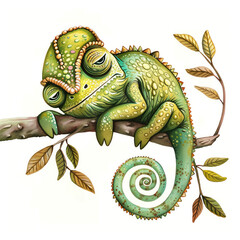 Fototapeta premium Cute Funny Cartoon Chameleon, Illustration for Children Book, Generative AI