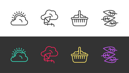 Set line Sun and cloud weather, Kite, Basket and Leaf or leaves on black and white. Vector