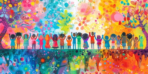 A vibrant and colorful illustration of diverse children standing on a bridge, holding hands with each other in celebration. 