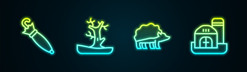 Set line Umbrella, Bare tree, Hedgehog and Farm house. Glowing neon icon. Vector