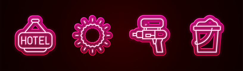 Set line Signboard with text Hotel, Sun, Water gun and Sand in bucket. Glowing neon icon. Vector