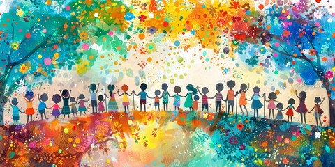 A vibrant and colorful illustration of diverse children standing on a bridge, holding hands with each other in celebration.