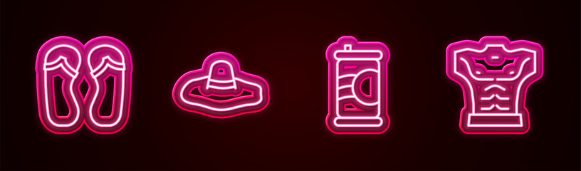 Fototapeta premium Set line Flip flops, Elegant women hat, Soda can and Bodybuilder muscle. Glowing neon icon. Vector
