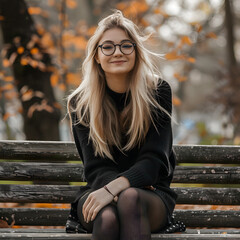 Beautiful Blonde Woman with Glasses Sitting on a Bench in an Autumn Park generative ai