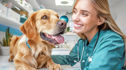 Woman in Scrubs Petting Dog on Floor. Generative AI