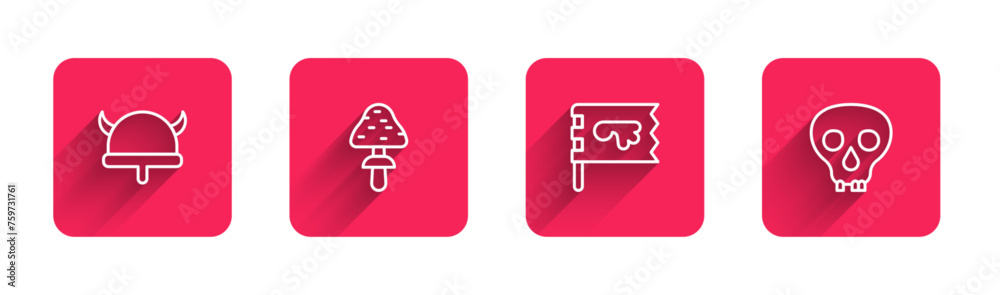 Canvas Prints set line viking in horned helmet, mushroom, flag and skull with long shadow. red square button. vect