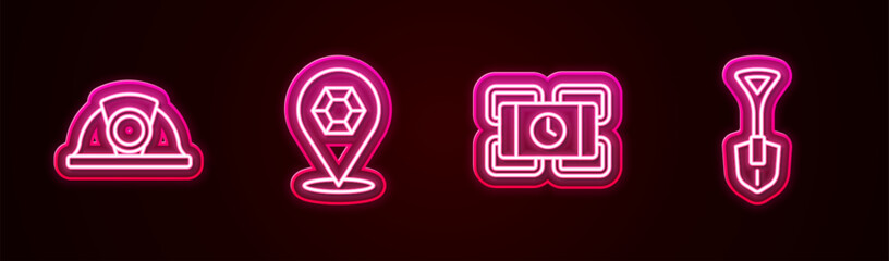 Set line Miner helmet, Gem stone, Dynamite and Shovel. Glowing neon icon. Vector