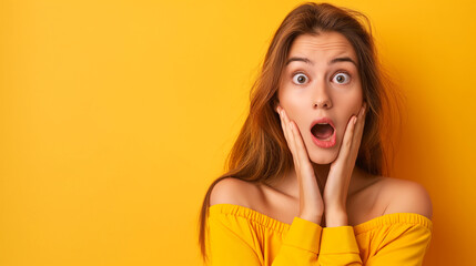 Surprised happy beautiful woman looking sideways in excitement on yellow color background professional photography