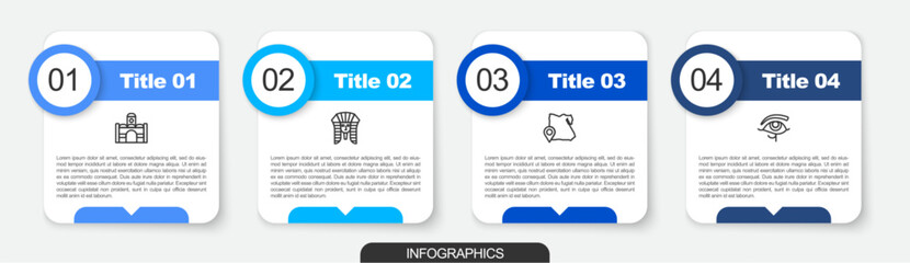 Set line Egyptian house, pharaoh, Map of and Eye Horus. Business infographic template. Vector