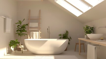 Fototapeta na wymiar Serene Scandinavian Bathroom with White Ladder Shelf.