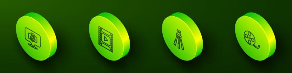 Set Isometric line Photo camera, Camera film roll cartridge, Tripod and Film reel icon. Vector