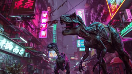 Tyrannosaurus Rex and Velociraptor stand amidst the vibrant neon signs of a densely packed alley, creating a surreal prehistoric urban juxtaposition.