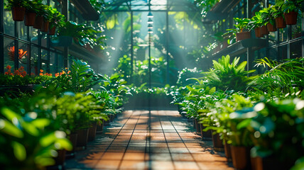 Abundant green plants in a lush greenhouse