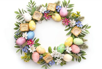 A decorative frame created with flowers eggs and treats on a textured grunge background symbolizing novruz festivities, nowruz background photo