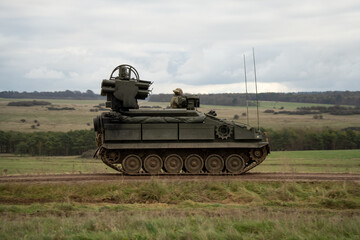 close-up of a British Army Alvis Stormer Starstreak CVR-T tracked armoured vehicle equipped with...