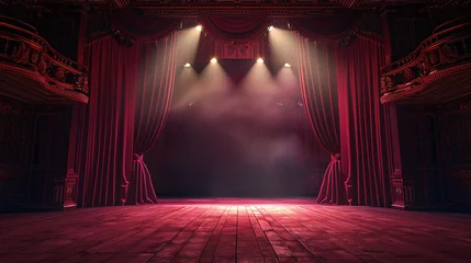 Tuinposter Theater stage light background with spotlight illuminated the stage for opera performance. Empty stage with red curtain, fog, smoke, backdrop decoration. Entertainment show. © Artinun