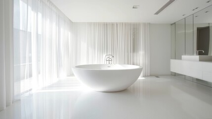Fototapeta na wymiar Minimalist White Bathroom with Freestanding Bathtub AI Generated.