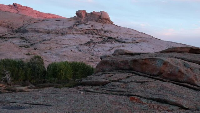 Layered mountains bektau ata of volcanic origin in the steppes of Kazakhstan