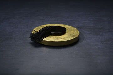 baked luxury tart in Japanese hojicha crisp with cranberry pineapple jam paste inside with chicken floss and plate gold fork knife on dark table vegan pastry dessert halal gluten free cafe food menu