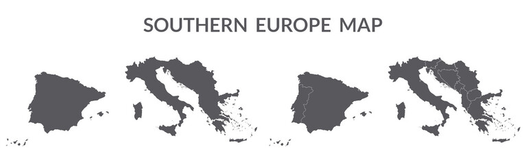 Southern Europe country Map. Map of Southern Europe in set grey color