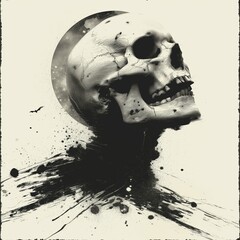 The stark imagery of a skull amidst ink splashes