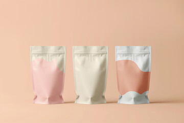 Three mock-up packaging pouches on a pastel peach background, ideal for design branding