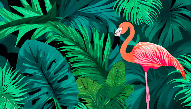 Tropical background. A striking pink flamingo stands out against a dense, dark green backdrop of tropical monstera leaves, creating a vibrant contrast.