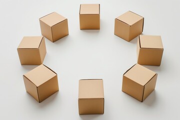 Uniform cardboard boxes arranged in a circular pattern on a clean white surface