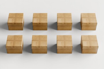 A collection of identical, clean cardboard boxes organized orderly over a white surface