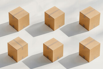 Fototapeta premium Six identical cardboard boxes arranged in rows casting soft shadows