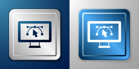 White Computer display with vector design program icon isolated on isolated on blue and grey background. Photo editor software with user interface. Silver and blue square button. Vector