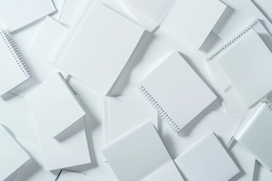 Top view of various white, empty spiral notebooks scattered on a clean background