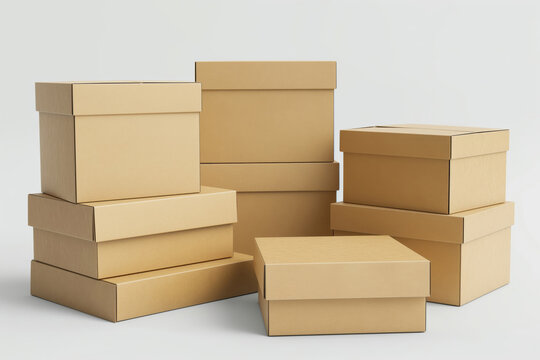 Neat arrangement of various sized cardboard boxes for packaging, storage, or moving
