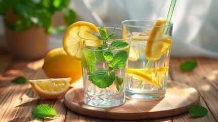Lemonade with lemon slices, mint, ice and lime on a wooden board
