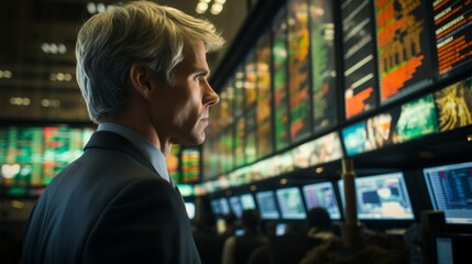 Successful middle-aged businessman in suit analyzing financial data on multiple stock market screens