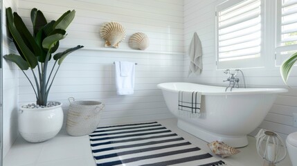 Calm Coastal Bathroom Interior with Seashell Decor AI Generated.