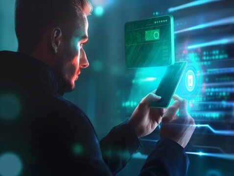 A focused man interacts with an advanced holographic display emanating from his smartphone, symbolizing cutting-edge technology and secure data access.