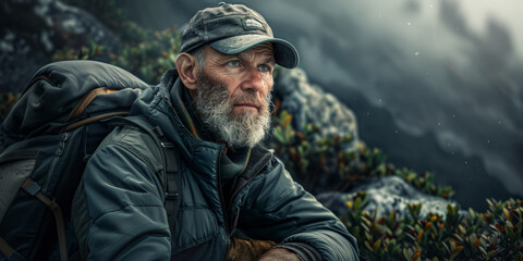 Obraz premium A hiker taking a break on a rock with fog enveloping the mountains, creating a serene yet mysterious atmosphere