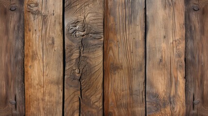 Detailed view of aged wooden planks showcasing the natural grain, knot patterns, and rich brown color