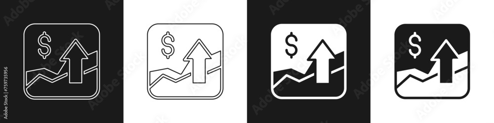 Poster Set Financial growth increase icon isolated on black and white background. Increasing revenue. Vector