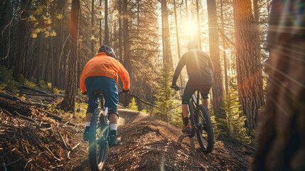 Two Mountain Bikers Riding on a Forest Trail at Sunset - obrazy, fototapety, plakaty