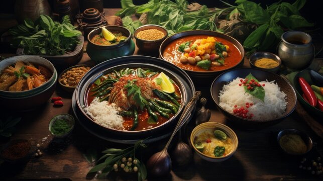 A sumptuous array of Asian cuisine dishes spread out on a wooden table, inviting a communal dining experience