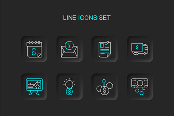 Set line Stacks paper money cash, Financial growth dollar, Light bulb with, Monitor graph chart, Armored truck, Resume, Envelope and Calendar icon. Vector