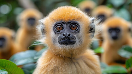 Obraz premium wildlife photography, authentic photo of a gibbon in natural habitat, taken with telephoto lenses, for relaxing animal wallpaper and more