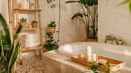 Serene Bamboo Bathroom with Wooden Bathtub Tray and Plants